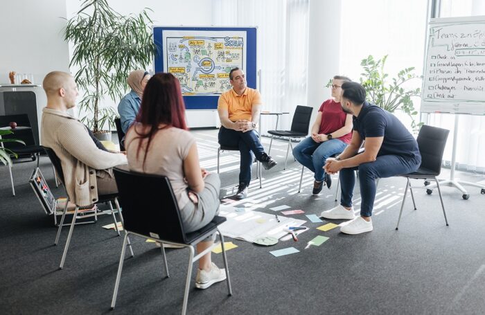 Sechs Mensch Sitzen im Kreis und diskutieren, im Hintergrund sind zwei Pinwands, auf Boden liegt Flipchart mit farbigen Karten und Stiften